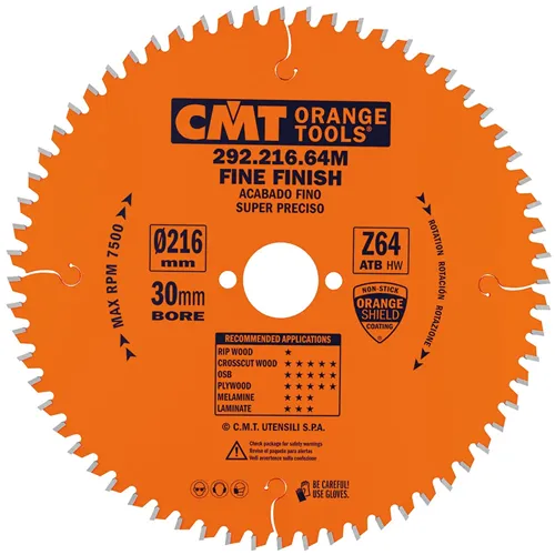 CMT Orange Fine Cut-off Saw Blade for Portable Machines - D216x2,8 d30 Z64 HW -5°Neg