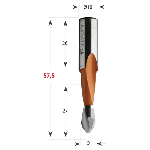 CMT 313 Xtreme Dowel Drill for Through Holes S10 L57,5 HW - D8x27 S=10x26 L57,5 RH