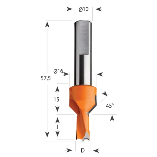 CMT 376 Dowel Drill with Countersink S10 L57,5 HW - D8x15 S=10 L57,5 RH