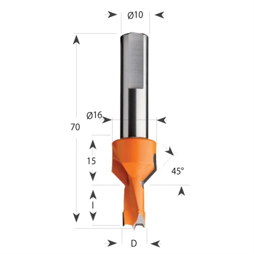 CMT 377 Dowel Drill with Countersink S10 L70 HW - D10x15 S=10 L70 RH