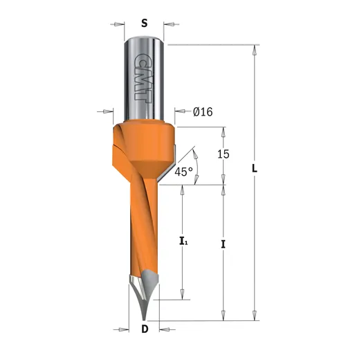 CMT 378 Dowel Drill for Through Holes with Countersink S10 L70 HW - D5x35 D2=16 S=10x20 LH