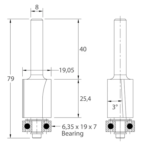 IGM M107 Flush Trim Router Bit with Down Shear - D19,05x25,4 L79 S=8 HW