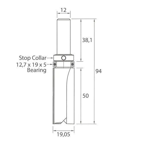 IGM M112 Pattern Router Bit with Bearing - D19,05x50 L94 S=12 HW