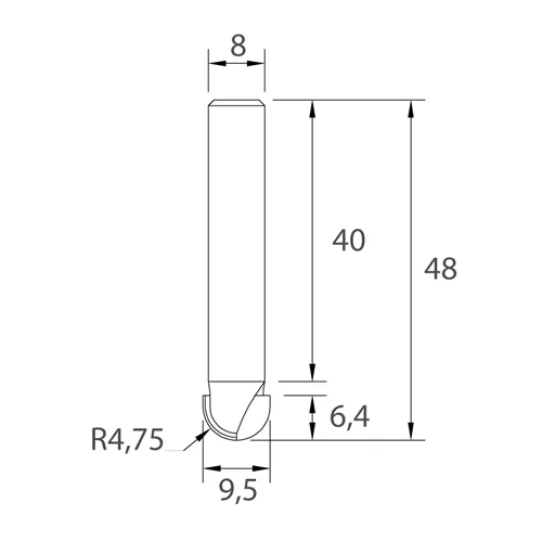 IGM M114 Round Nose Router Bit - R4,75 D9,5x6,4 L48 S=8 HW