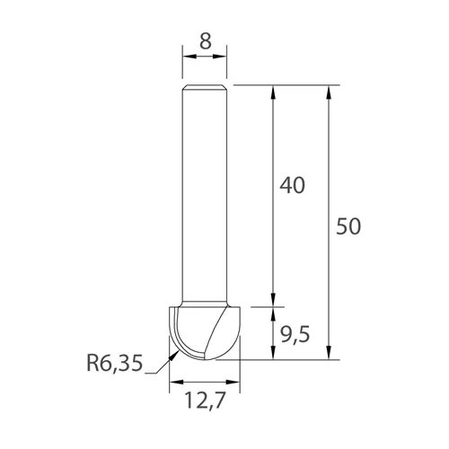 IGM M114 Round Nose Router Bit - R6,35 D12,7x9,5 L50 S=8 HW