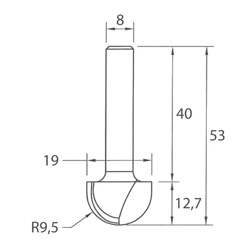 IGM M114 Round Nose Router Bit - R9,5 D19x12,7 L53 S=8 HW