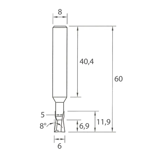 IGM M118 Dovetail Router Bit - 8° D6x6,9 L60 S=8 HW