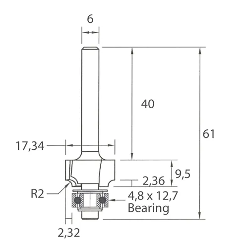 IGM M138 Roundover Router Bit - R2 D17,34x9,5 L61 S=6 HW