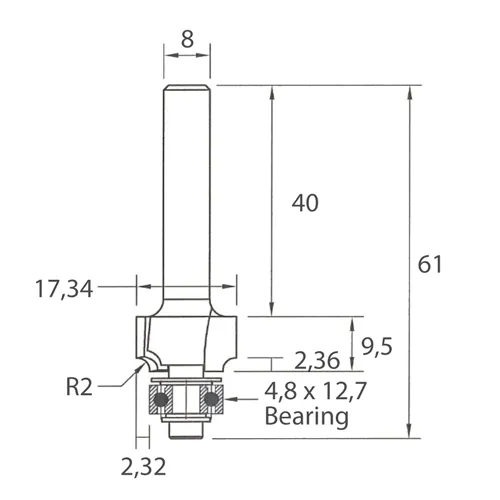 IGM M138 Roundover Router Bit - R2 D17,34x9,5 L61 S=8 HW