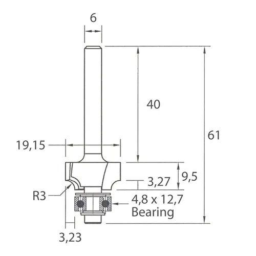 IGM M138 Roundover Router Bit - R3 D19,15x9,5 L61 S=6 HW