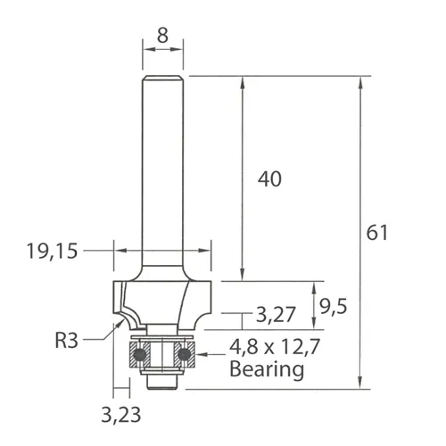 IGM M138 Roundover Router Bit - R3 D19,15x9,5 L61 S=8 HW