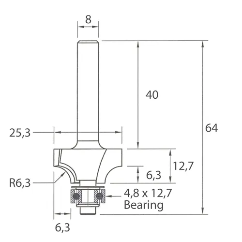 IGM M138 Roundover Router Bit - R6,3 D25,3x12,7 L64 S=8 HW