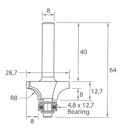 IGM M138 Roundover Router Bit - R8 D28,7x12,7 L64 S=8 HW