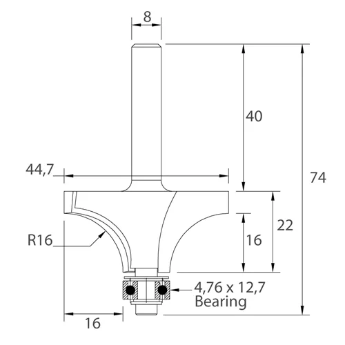 IGM M138 Roundover Router Bit - R16 D44,7x22 L74 S=8 HW