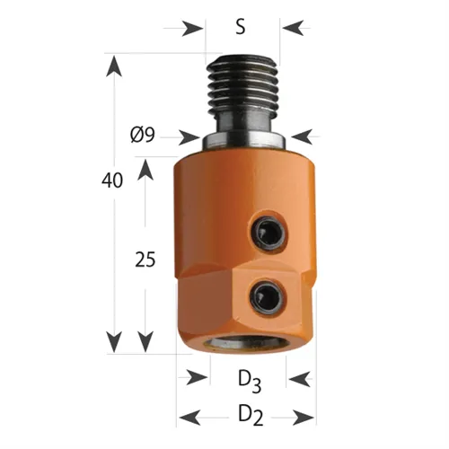 Adaptor 358 for Dowel Drills, D9 Cylindrical Base, M8-for Drill S8, D16x25x40 M8 LH (Unpacked)