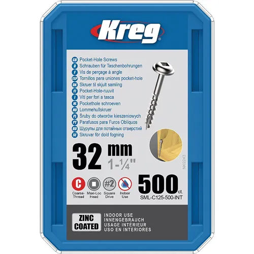 Kreg Zinc Maxi-Loc Pocket-Hole Screws, 32 mm, coarse thread, 500 pcs (Unpacked)