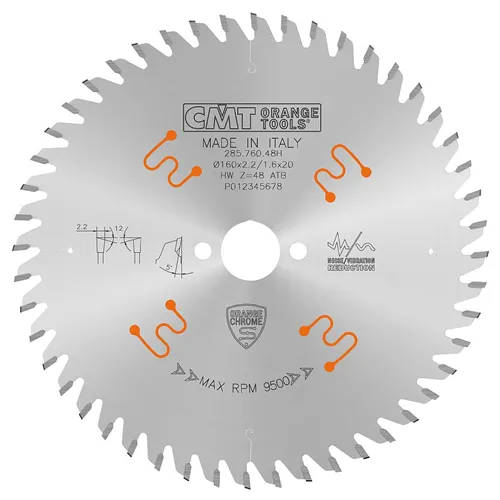 CMT CHROME Fine Finishing Saw Blade, D160x2,2 d20 Z48 HW, Fine Crosscuts (Used)