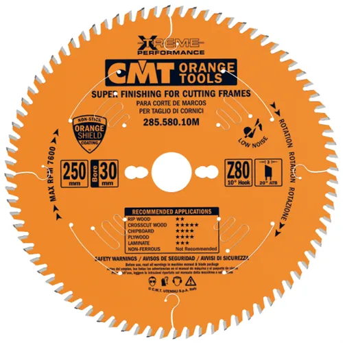 CMT Orange Chrome Super Finishing Saw Blade for cutting Frames - D250x3,0 d30 Z80 HW (Used)