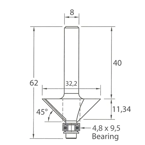 IGM M109 Chamfer Router Bit with Bearing - 45° D32,2x11,34 L62 S=8 HW (Used)